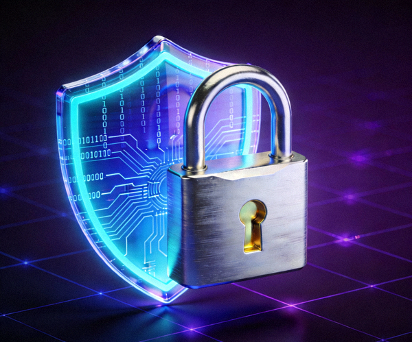 Ilustrasi gembok dan perisai digital simbol keamanan siber